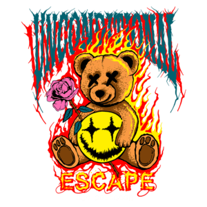 Ilustração de um urso de pelúcia com uma rosa na mão, cercado por chamas. O design apresenta elementos de arte urbana e o texto "ESCAPE the ordinary", destacando um estilo ousado e moderno. Ideal para moda streetwear e conteúdo artístico.