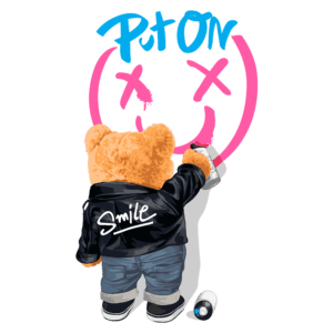 Ursinho de pelúcia vestindo jaqueta preta com a palavra "Smile" pintada, fazendo graffiti rosa em uma parede. A arte inclui os símbolos de emoção e a frase "Put ON".