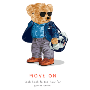 Urso estiloso usando óculos escuros, terno azul e calças cinzas, segurando uma bolsa, com a frase inspiradora "Move On" abaixo. Ideal para ilustrações de moda infantil e mensagens motivacionais.