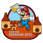Ilustração divertida de um personagem inspirado em jogos, segurando uma caneca de cerveja e cercado por garrafas de "Caguamita Familiar", com o texto "Super Borracho Bros" em destaque.