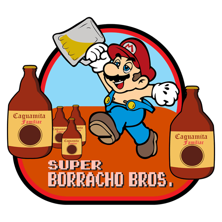 Ilustração divertida de um personagem inspirado em jogos, segurando uma caneca de cerveja e cercado por garrafas de "Caguamita Familiar", com o texto "Super Borracho Bros" em destaque.