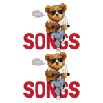 Ursinho com óculos escuros tocando violão, vestido com camiseta branca e calças jeans, acompanhado da palavra "SONGS" em vermelho e "Love" em balões de fala, representando a música e o amor.