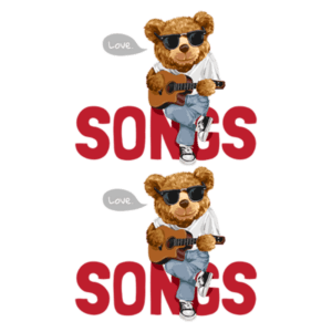 Ursinho com óculos escuros tocando violão, vestido com camiseta branca e calças jeans, acompanhado da palavra "SONGS" em vermelho e "Love" em balões de fala, representando a música e o amor.