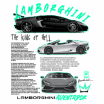 Imagem de um Lamborghini Aventador, um superesportivo biplaza com motor central e tração nas quatro rodas. O design destaca um modelo em preto e um conversível em branco, com informações sobre o lançamento, características e produção da Lamborghini, subsidiária do grupo Volkswagen.