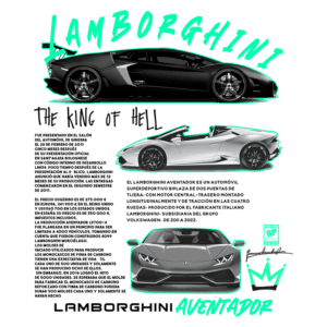 Imagem de um Lamborghini Aventador, um superesportivo biplaza com motor central e tração nas quatro rodas. O design destaca um modelo em preto e um conversível em branco, com informações sobre o lançamento, características e produção da Lamborghini, subsidiária do grupo Volkswagen.