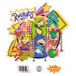 Imagem colorida com personagens da série animada "Rugrats" em estilo dos anos 90. Vários bebês estão brincando em um parque infantil com brinquedos, incluindo túbulos e balanços, destacando a temática infantil e divertida da série. Logotipo da Nickelodeon ao fundo.