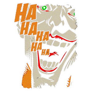 Imagem de um rosto com uma expressão de riso exagerada, apresentando dentes brancos e olhos verdes, com a palavra "HA" repetida em letras grandes e coloridas, evocando um estilo de quadrinhos.