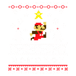 Mario em estilo pixelado, pulando com um star power, em um cenário festivo com flocos de neve, árvores de Natal e padrões em vermelho e branco, representando temática natalina dos videogames.