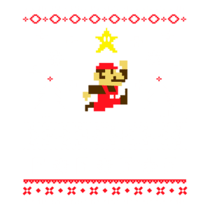 Mario em estilo pixelado, pulando com um star power, em um cenário festivo com flocos de neve, árvores de Natal e padrões em vermelho e branco, representando temática natalina dos videogames.