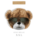 Imagem de um urso estilizado usando óculos escuros, com a frase "Stay Relax" e a marca "Young Lad" acima. Design divertido e moderno, ideal para roupas ou acessórios infantis.