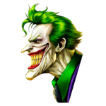 Retrato estilizado do Coringa, personagem icônico dos quadrinhos, com cabelo verde brilhante, sorriso maligno e expressão sinistra, vestindo um terno roxo e verde.