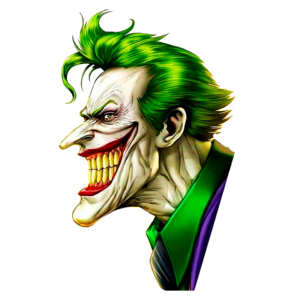 Retrato estilizado do Coringa, personagem icônico dos quadrinhos, com cabelo verde brilhante, sorriso maligno e expressão sinistra, vestindo um terno roxo e verde.