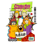 Ilustração do grupo de personagens da série clássica "Scooby-Doo", incluindo Scooby-Doo, Shaggy, Velma, Fred e Daphne, com a frase 'Ruh-roh!' em destaque. A arte representa um estilo vibrante e divertido, evocando nostalgia e aventura, com elementos icônicos da cultura pop.
