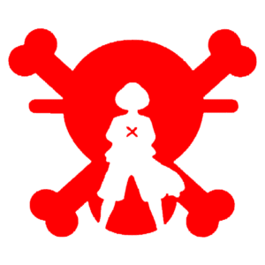 Imagem com logo estilizado de uma figura em pé diante de um símbolo de caveira e ossos cruzados, em cor vermelha. Ideal para representar temas de pirataria ou aventuras.