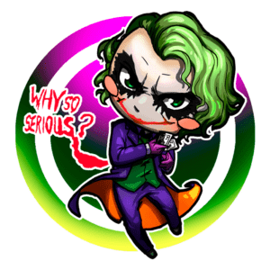Imagem de uma ilustração estilizada do personagem Coringa, com cabelo verde e maquiagem característica, segurando uma nota e envolto em um fundo colorido. Texto "WHY SO SERIOUS?" destaca seu famoso lema. Ideal para fãs de quadrinhos e cultura pop.