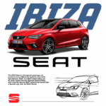 Imagem do SEAT Ibiza, um carro compacto da fabricante espanhola SEAT, destacado em vermelho. O Ibiza é conhecido por ser um dos modelos mais vendidos da marca, com design moderno e características de desempenho. O fundo inclui o nome "SEAT" e informações sobre a história do modelo, que foi produzido desde 1984 e é nomeado em homenagem à ilha espanhola de Ibiza.