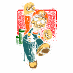 Ilustração artística de um personagem inspirado no Mario, representado como um esqueleto. O personagem está em movimento, levantando os punhos, com detalhes em estilo gráfico. Ao fundo, elementos que lembram canos do famoso jogo. Estilo vibrante e criativo com toques de horror.