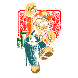 Ilustração artística de um personagem inspirado no Mario, representado como um esqueleto. O personagem está em movimento, levantando os punhos, com detalhes em estilo gráfico. Ao fundo, elementos que lembram canos do famoso jogo. Estilo vibrante e criativo com toques de horror.