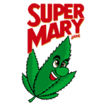 Personagem de folha de maconha com expressão alegre, acompanhada do texto "SUPER MARY JANE" em letras grandes e vibrantes, destacando o tema do uso recreativo de cannabis.