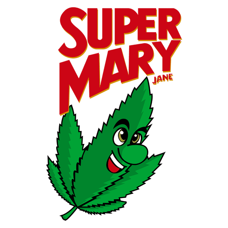 Personagem de folha de maconha com expressão alegre, acompanhada do texto "SUPER MARY JANE" em letras grandes e vibrantes, destacando o tema do uso recreativo de cannabis.
