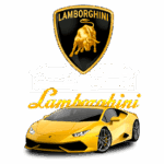 Imagem do logotipo da Lamborghini com um carro esportivo amarelo em destaque, apresentando o design icônico da marca. Elementos de fundo incluem ilustrações de diferentes modelos da Lamborghini, destacando a inovação e o luxo dos automóveis.