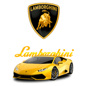 Imagem do logotipo da Lamborghini com um carro esportivo amarelo em destaque, apresentando o design icônico da marca. Elementos de fundo incluem ilustrações de diferentes modelos da Lamborghini, destacando a inovação e o luxo dos automóveis.
