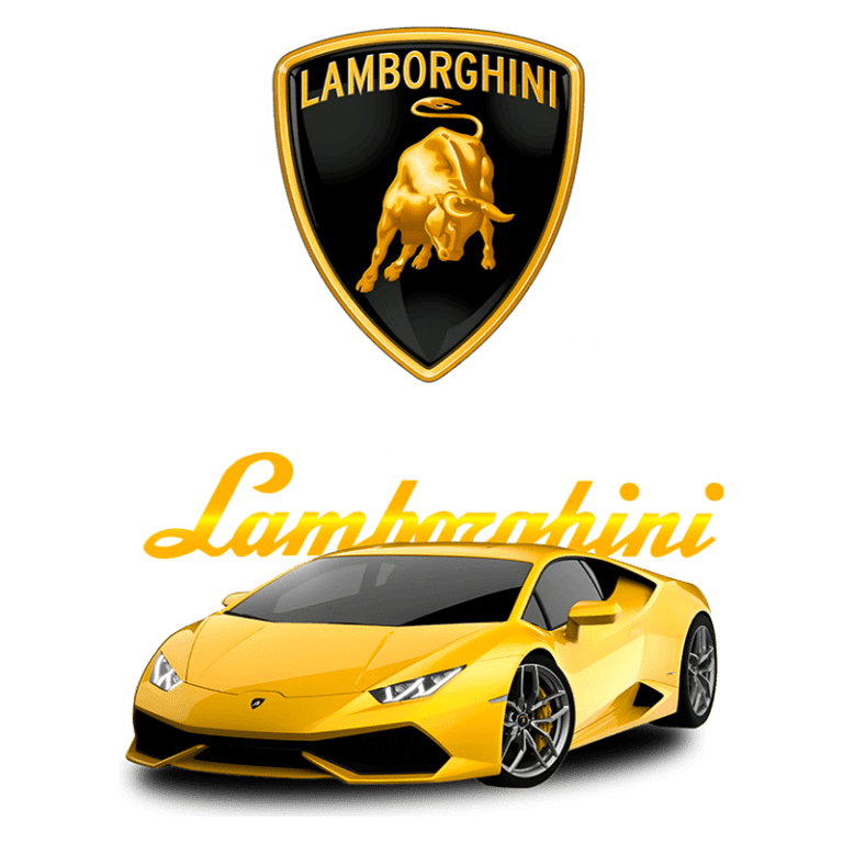 Imagem do logotipo da Lamborghini com um carro esportivo amarelo em destaque, apresentando o design icônico da marca. Elementos de fundo incluem ilustrações de diferentes modelos da Lamborghini, destacando a inovação e o luxo dos automóveis.