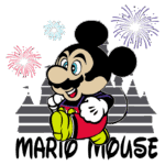 Personagem cartoon de um rato com características de Mario, vestindo um uniforme vermelho e amarelo, sorrindo e correndo, com fogos de artifício ao fundo e o texto "Mário Mouse" em destaque.