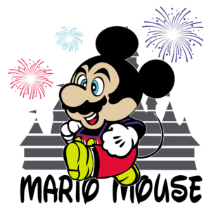 Personagem cartoon de um rato com características de Mario, vestindo um uniforme vermelho e amarelo, sorrindo e correndo, com fogos de artifício ao fundo e o texto "Mário Mouse" em destaque.