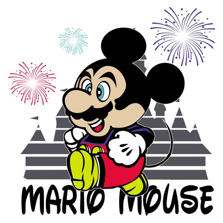 Personagem cartoon de um rato com características de Mario, vestindo um uniforme vermelho e amarelo, sorrindo e correndo, com fogos de artifício ao fundo e o texto "Mário Mouse" em destaque.