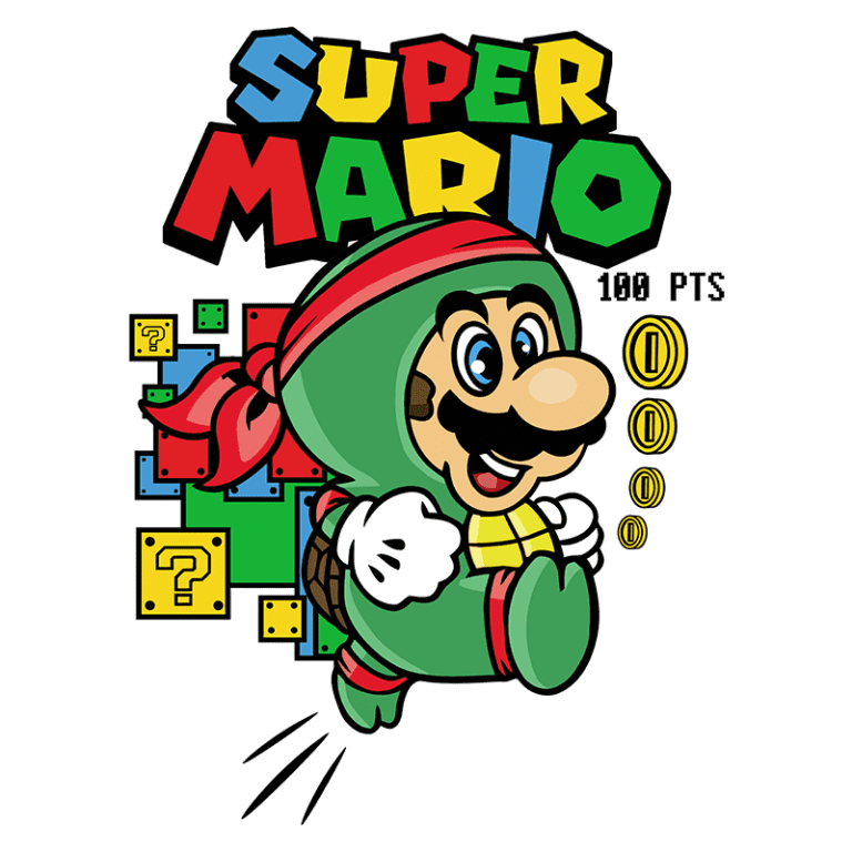 Imagem do personagem Super Mario, vestido com um traje verde e um lenço vermelho, saltando alegremente. Ao fundo, blocos de perguntas e moedas, com o texto "SUPER MARIO" e "100 PTS". Ideal para fãs de jogos clássicos e cultura pop.