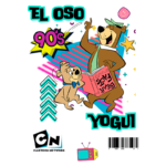 Imagem colorida de personagens clássicos da animação, Yogui e Bubu, com estilo gráfico dos anos 90. Yogui lê um livro sobre ursos, destacando a nostalgia dos desenhos animados do Cartoon Network.