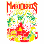 Design gráfico inspirado no jogo Super Mario Bros, mostrando Mario e Luigi enfrentando Bowser em frente a um muro, com chamas e elementos icônicos do jogo. Ideal para fãs de videogames e cultura pop.