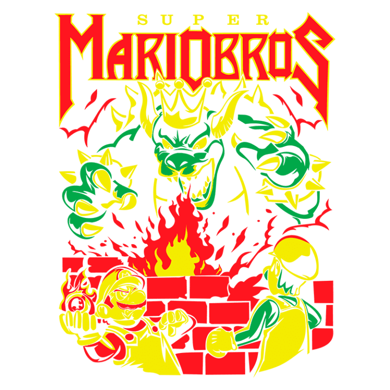 Design gráfico inspirado no jogo Super Mario Bros, mostrando Mario e Luigi enfrentando Bowser em frente a um muro, com chamas e elementos icônicos do jogo. Ideal para fãs de videogames e cultura pop.