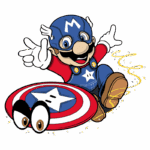 Personagem Mario vestido como super-herói, com chapéu azul e escudo estilizado semelhante ao do Capitão América, em pose animada com expressão alegre. Fundo verde.
