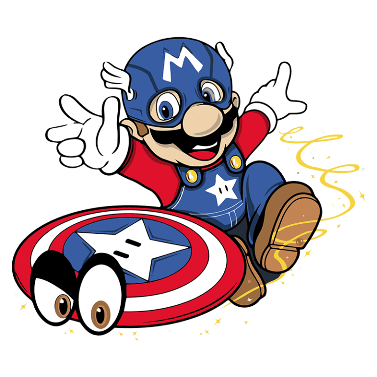 Personagem Mario vestido como super-herói, com chapéu azul e escudo estilizado semelhante ao do Capitão América, em pose animada com expressão alegre. Fundo verde.