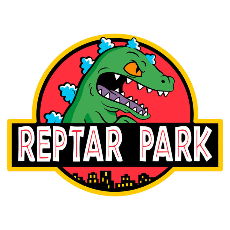 Logotipo do Reptar Park, apresentando um dinossauro verde com olhos laranjas e dentes afiados, cercado por nuvens azuis em um fundo vermelho, com a palavra "REPTAR PARK" em destaque na parte inferior. Ideal para fãs de cultura pop e animações infantis.