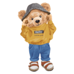 Urso fofo vestido com suéter amarelo, calças azul e chapéu listrado, pose simpática e amigável. Ideal para decoração infantil e produtos voltados para crianças.
