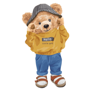 Urso fofo vestido com suéter amarelo, calças azul e chapéu listrado, pose simpática e amigável. Ideal para decoração infantil e produtos voltados para crianças.