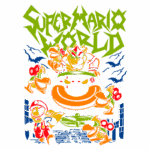 Ilustração do jogo Super Mario World, apresentando personagens icônicos como Mario, Bowser e vários Koopa Troopas em um cenário vibrante e colorido. A arte destaca a temática de aventura e ação do jogo, com elementos como morcegos e uma fonte estilizada do título.