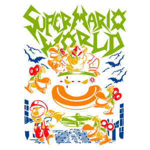 Ilustração do jogo Super Mario World, apresentando personagens icônicos como Mario, Bowser e vários Koopa Troopas em um cenário vibrante e colorido. A arte destaca a temática de aventura e ação do jogo, com elementos como morcegos e uma fonte estilizada do título.
