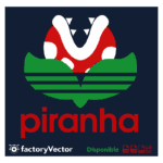 Ilustração de uma planta carnívora conhecida como "piranha", com cores vibrantes e detalhes estilizados. O design apresenta a planta em um fundo escuro, destacando suas folhas verdes e a flor vermelha com pintas brancas. Ideal para gráficos ou logotipos relacionados à natureza ou jogos.