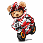 Urso de pelúcia em uma moto esportiva, vestindo um traje de corrida vermelho e preto, com capacete, em uma pose dinâmica. Ideal para temas de velocidade e aventura infantil.