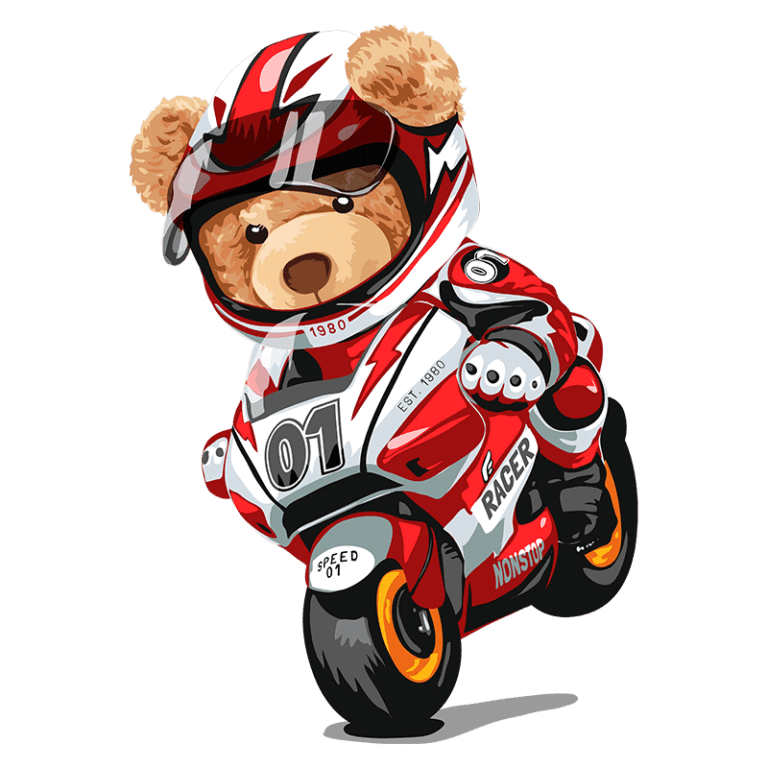 Urso de pelúcia em uma moto esportiva, vestindo um traje de corrida vermelho e preto, com capacete, em uma pose dinâmica. Ideal para temas de velocidade e aventura infantil.