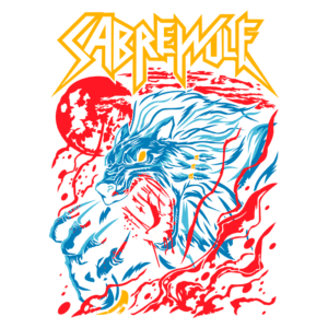 Imagem de arte digital do logo "SABREWULF", apresentando um lobo feroz com dentes afiados, destacando-se em tons de azul e vermelho, com um fundo que remete a uma lua cheia. Ideal para fãs de metal e cultura pop.