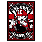 Imagem estilizada de um personagem de videogame com chapéu vermelho e macacão preto, com a inscrição "SUPER GAMER". O fundo apresenta elementos gráficos em preto e vermelho, incluindo ícones de videogame e castelos. Ideal para fãs de cultura gamer e nostalgia dos jogos clássicos.