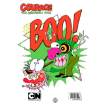 Capa do desenho animado "Courage, o Cão Covarde", apresentando Courage e um personagem assustador com a palavra "BOO!" em destaque. Ilustração colorida e divertida do Cartoon Network.