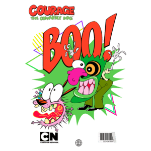 Capa do desenho animado "Courage, o Cão Covarde", apresentando Courage e um personagem assustador com a palavra "BOO!" em destaque. Ilustração colorida e divertida do Cartoon Network.