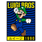 Ilustração do personagem Luigi, da franquia Mario, com fundo azul e texto "LUIGI BROS 1990". Luigi está vestido com um macacão azul e camisa verde, sorrindo e levantando o braço em um gesto de celebração.