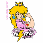 Ilustração de uma personagem feminina com cabelo loiro e uma coroa, exibindo força com o braço musculoso, vestindo uma camisa rosa. O design combina elementos de empoderamento feminino com ícones de rosa e a frase "WE CAN DO IT". O logo "GIRL POWER" destaca a mensagem de força.